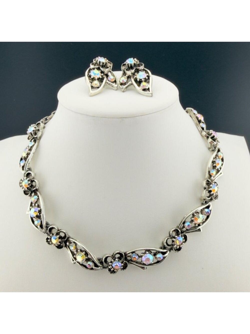 Vintage Aurora Borealis Rhinestone Necklace Clip On Earrings Floral Silver Tone